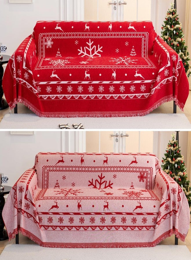EVENHUG Christmas Theme Sofa Covers with Tassels Reversible Couch Cover for Pets Dogs Christmas Home Decoration Sofa Slipcover for 2-3 Cushion Couch Washable Chenille Couch Protector (71" X118") - Image 1
